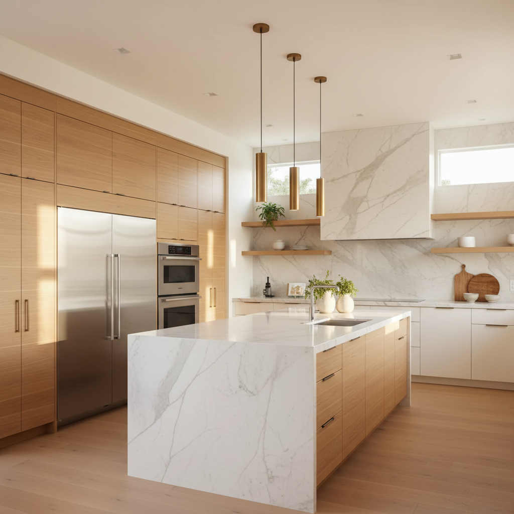 Upscale kitchen interior with integrated refrigerator and wall oven